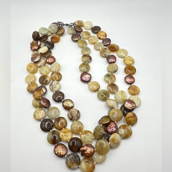 18", three strand jasper and pearl disk necklace with sterling silver clasp! - Picture 10 of 16